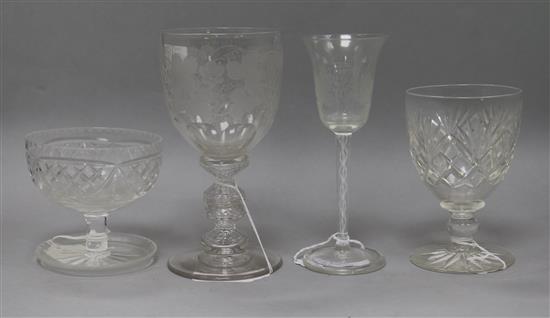 Two vine engraved glasses and two other glasses